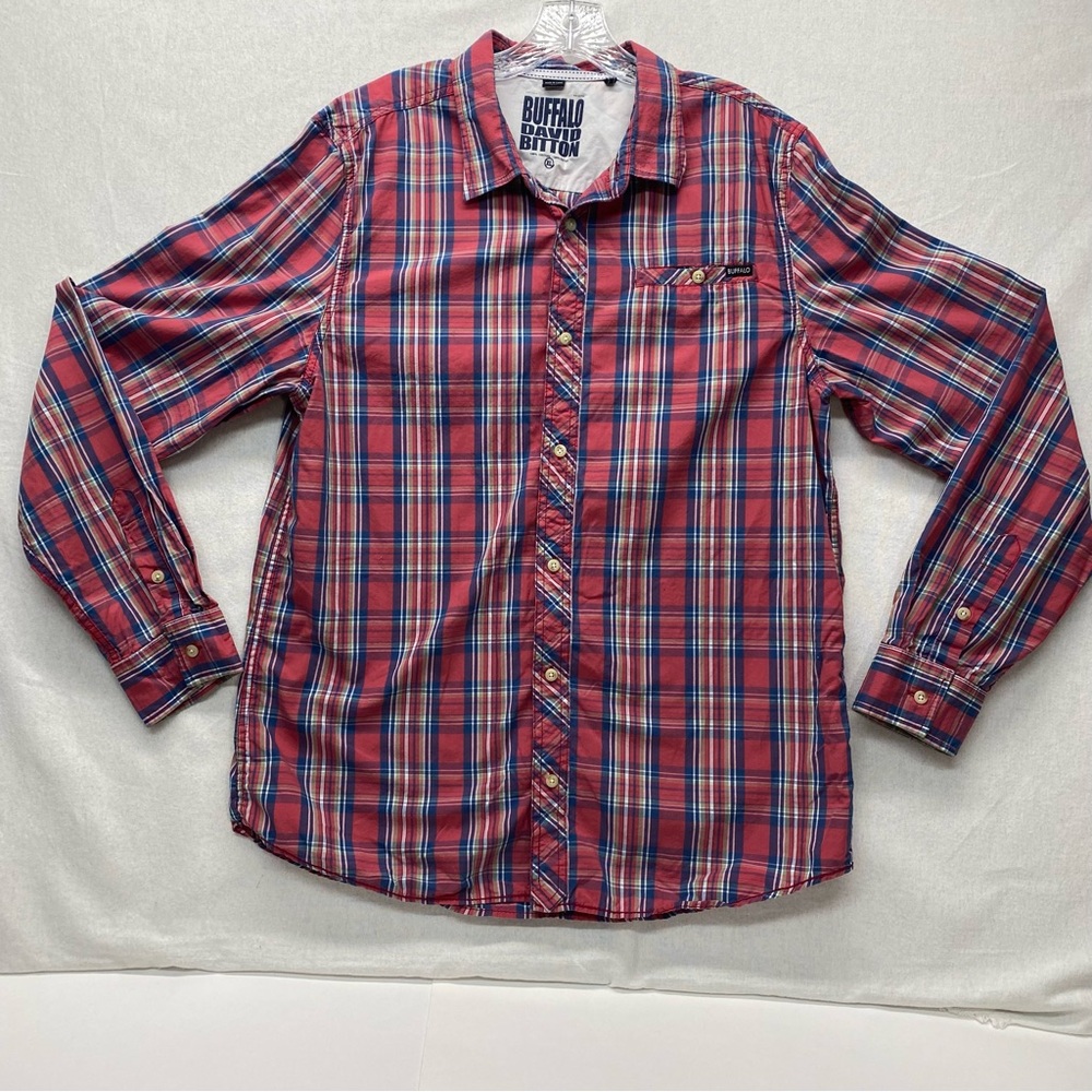 Buffalo David Bitton Men's Faded Red Blue Plaid XL Long Sleeve Button Down Shirt